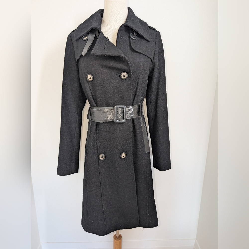 Black Wool Blend Mid Length Coat With Leather Detail